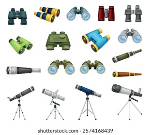 Spyglass, Telescope and Binoculars for Distant Object Observing Vector Set