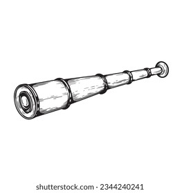 Spyglass telescope lens in sketch hand drawn style. Vector black vintage engraving illustration. Best for nautical ans science designs.