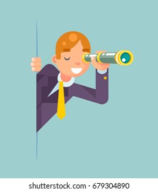 Spyglass Telescope Spy Look Out Corner Idea Search Discovery Concept Supervision Cartoon Character Businessman Solution Flat Design Vector Illustration