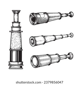 Spyglasses sketch set. Hand drawn nautical collection of optical telescopes. Vintage engraving illustrations isolated on white.