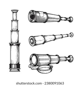 Juego de boceto de lentes de espionaje. Recogida acuática a mano de telescopios ópticos. Ilustraciones de grabado de época aisladas en blanco.