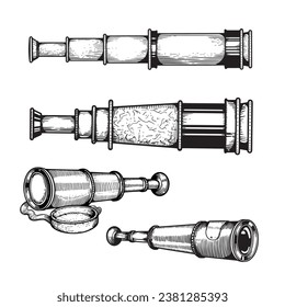 Spyglasses sketch set. Hand drawn nautical collection of optical telescopes. Vintage engraving illustrations isolated on white.