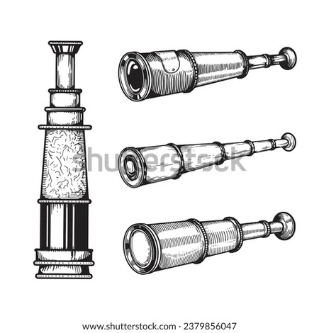 Spyglasses sketch set. Hand drawn nautical collection of optical telescopes. Vintage engraving illustrations isolated on white.