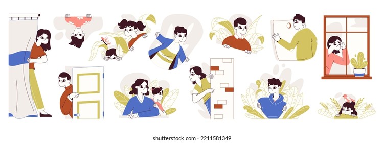 Spying curious people, hiding man and woman peeping. Characters monitoring and observing around flat vector illustration set. Looking out, searching person collection