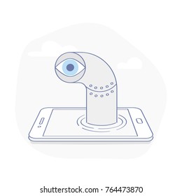Spying data from smartphone, tracking mobile users, mobile marketing analytics tool. Periscope climbs from the phone screen. Flat outline vector illustration in modern design style.