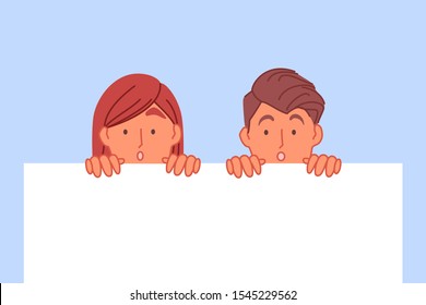 Spying and discovery banner concept. Shocked friends peeking over empty white space, surprised young girl and boy, astonishment facial expression, human curiosity. Simple flat vector