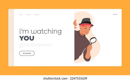 Spying Landing Page Template. Male Character Detective, Secret Service Agent, Investigator or Business Competitor Peeking from behind of Wall with Magnifying Glass. Cartoon People Vector Illustration