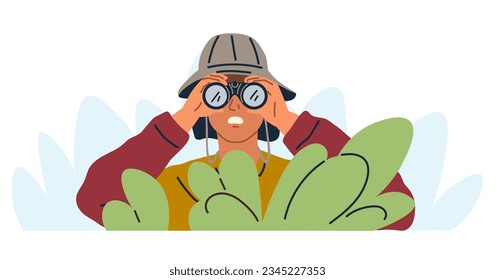 Spying, observing and sneaking. Vector illustration. Characters peeping, manifestations of intrigue peeping from fringes Looking out, cautious step towards unknown Peeking person, subtle observer