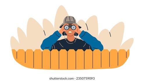 Espiando, observando y escabulléndose. Ilustración vectorial. Persona de espionaje, observador silencioso rastreando cada detalle Haciendo observación, arte de recoger sutiles señales Caracteres mirando, gentil agitando