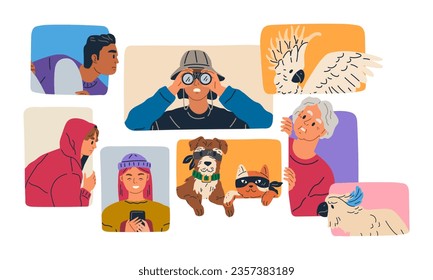 Spying, observing and sneaking. Vector illustration. Making observation, craft of noting unnoticed Characters peeping, silent figures cloaked in curiosity Looking out, quiet gesture of vigilance