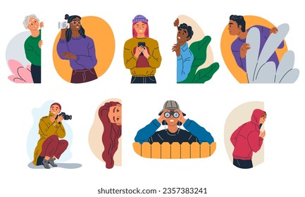Spying, observing and sneaking. Vector illustration. Peeking person, silent observer maintaining watchful eye Spy, shadowy figure in realm of observation Sneaking secret, whispers of untold moving