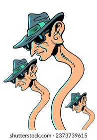 Espiando los datos y secretos de extraños. La actividad sospechosa es neutralizada por agentes y espías. Un hombre con un largo cuello en un sombrero y gafas se escapa.