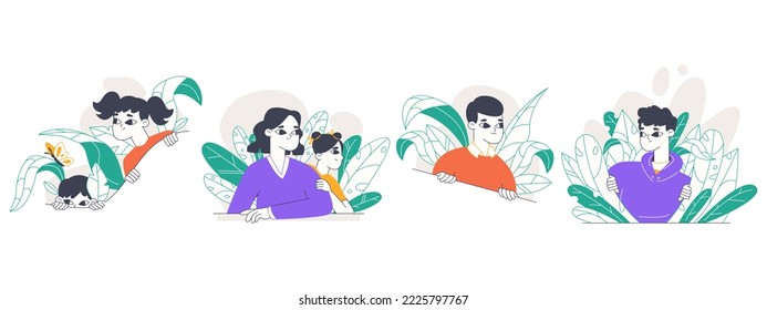Spying, peeping people, curious searching characters. Men and women secretly looking out from bushes, searching observing people isolated flat vector illustration on white background