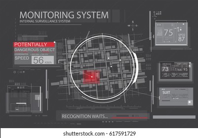 Spyware app for tracking. Navigation application for mobile gadgets. Map in HUD style. CIA surveillance