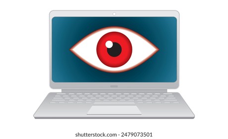 Spyware y control. Portátil con gran ojo rojo. Aislado. Ilustración vectorial.