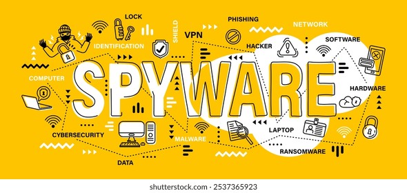 Spyware . Conceito de cibersegurança . Word com estilo de banner de arte de ícone de estrutura de tópicos . Traço editável . Vetor .