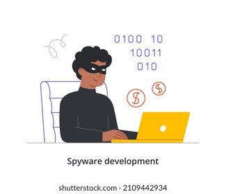Spyware development abstract concept. Cunning masked man sits with laptop and selects password to access database. Cybercrime or theft of personal information. Cartoon flat vector illustration