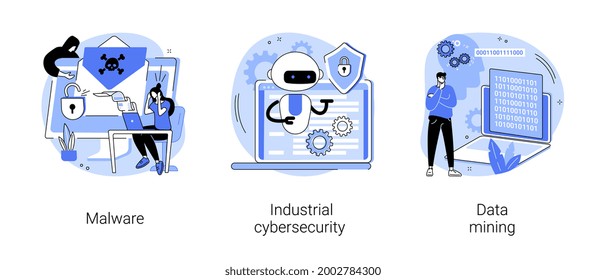 Spyware ontwikkeling abstracte concept vectorillustratie set. Malware en computervirus, industriële cyberbeveiliging, datamining, antivirusbeveiliging en -bescherming, abstracte metafoor van cyberaanvallen.
