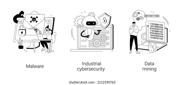 Spyware development abstract concept vector illustration set. Malware and computer virus, industrial cybersecurity, data mining, antivirus security and protection, cyber attack abstract metaphor.