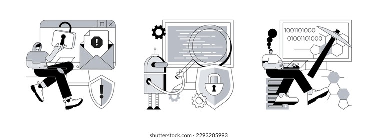 Spyware development abstract concept vector illustration set. Malware and computer virus, industrial cybersecurity, data mining, antivirus security and protection, cyber attack abstract metaphor.