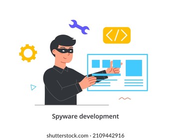 Concepto de desarrollo de software espía. Criminal en el desarrollo de máscaras para hackear bases de datos, robar información personal, contraseñas y dinero. Cibercrimen o seguridad en Internet. Dibujo vectorial plano de dibujos animados
