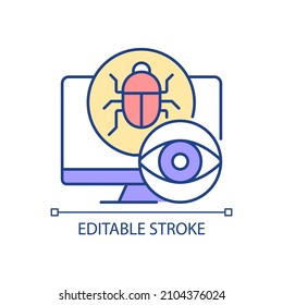 Spyware RGB color icon. Malicious software. Spying and monitoring malware. Stealing information. Isolated vector illustration. Simple filled line drawing. Editable stroke. Arial font used