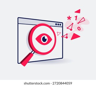 Símbolo de spyware con una ventana de aplicación y una lupa espía que monitorea las actividades y roba información personal confidencial. Fácil de usar para su Sitio web o presentación.