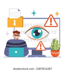 Spyware threat concept. Watchful eye monitors user data, emphasizing the risks of online surveillance and compromised privacy. Ensure digital safety. Flat vector illustration.