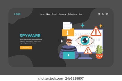 Spyware threat dark or night mode web, landing. Watchful eye monitors user data, emphasizing the risks of online surveillance and compromised privacy. Ensure digital safety. Flat vector illustration.