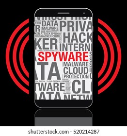 Spyware word cloud on mobile phone screen, vector concept