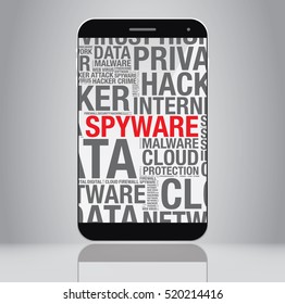 Spyware word cloud on mobile phone screen, vector concept