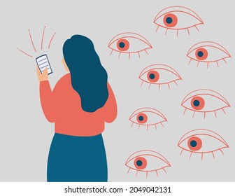 Spywares softwares on mobiles. Spy applications through the smartphones. Big eyes peek at a screen phone of woman. Spying on private life, personal data safety, social media and internet risks. Vector