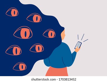 Os spywares espionam pelo telefone. Olhos grandes espreitam do cabelo no smartphone da mulher. Conceito de segurança usa dados pessoais em mídias sociais e internet. Ilustração vetorial