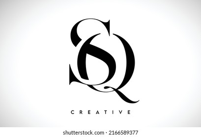 SQ Artistic Letter Logo Design with Creative Serif Font in Black and White Colors Vector Illustration