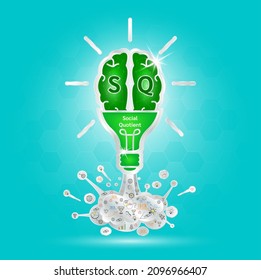 SQ Emotional intelligence. Heart and brain on balanced scale symbol. Social Quotient of a child. Design logo products in the form of the brain, light bulb green on a blue background. Vector EPS10.