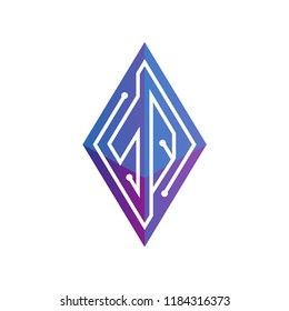 SQ Initial letter block chain logo icon vector template. Looping mono line circuit letter on rhombus cube logo