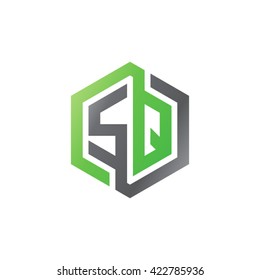 SQ initial letters looping linked hexagon logo black gray green