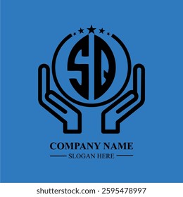 SQ initials held within hands, symbolizing trust and protection. The circle represents unity, while stars highlight excellence and ambition.