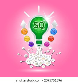 SQ, IQ Emotional intelligence. Heart and brain on balanced scale symbol. Intelligence Quotient and Social Quotient of a child. Design logo products in the form of the light bulb. Vector EPS10.