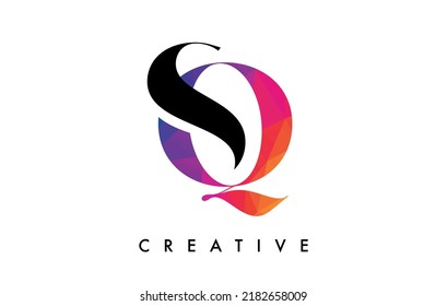 SQ Letter Design with Creative Cut and Colorful Rainbow Texture. SQ Letter Icon Vector Logo with Serif Font and Minimalist Style.