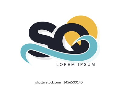 SQ letter logo with ocean waves and sunset. Beach concept design
