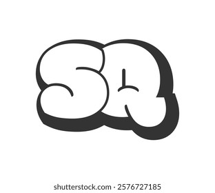 SQ logo, bubble comic lettering, rounded in graffiti style black and white silhouette. Trendy preschool S and Q letter text for festival party, personal initials, children funky print and web. 