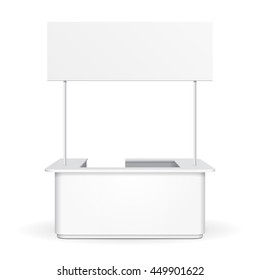 Sqaure POS POI Blank Empty Advertising Retail Stand Stall Bar Display With Roof, Canopy, Banner. On White Background Isolated. Mock Up Template Ready For Your Design. Product Advertising. Vector 