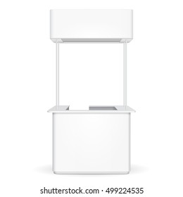 Sqaure POS POI Blank Empty Retail Stand Stall Bar Display With Roof, Canopy, Banner. Mock Up, Template. Illustration Isolated On White Background. Ready For Your Design Advertising. Vector
