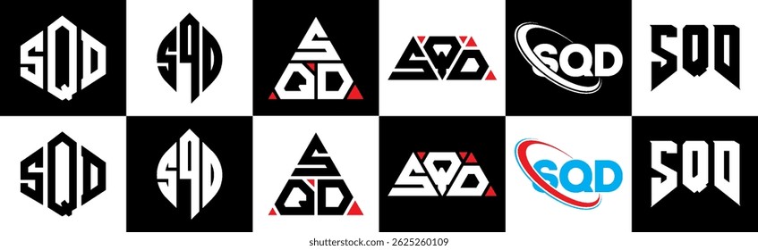 SQD letter logo design in six style. SQD polygon, circle, triangle, hexagon, flat and simple style with black and white color variation letter logo set in one artboard. SQD minimalist and classic logo