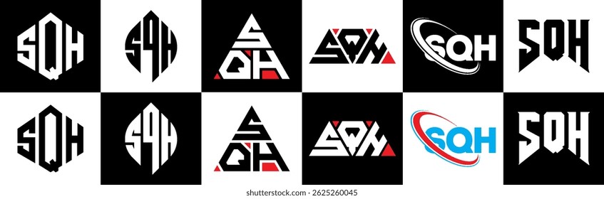 SQH letter logo design in six style. SQH polygon, circle, triangle, hexagon, flat and simple style with black and white color variation letter logo set in one artboard. SQH minimalist and classic logo