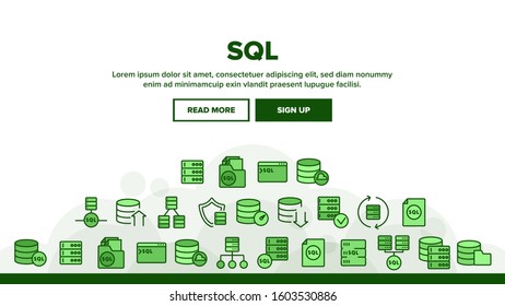 Sql Database Landing Web Page Header Banner Template Vector. Sql Computing Internet Security Protection And Networking Technology Illustration