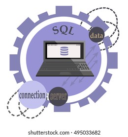 Sql Database Programming Blue Logo In A Gear With Some Circles And Arrows.