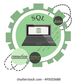 Sql Database Programming Green Logo In A Gear With Some Circles And Arrows.