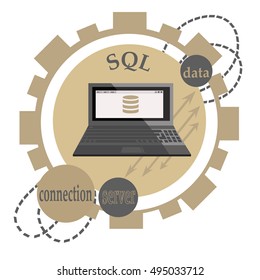 Sql database programming yellow / beje logo in a gear with some circles and arrows.